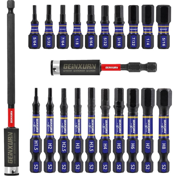 KKFEN-22 Pieces Multi Hex Head Impact Tough Magnetic Allen Wrench Drill Bits Set, (Metric&SAE)1 In./2 In. Mixed Hex Head S2 Steel Power Bits Set with Bit Extension Holder