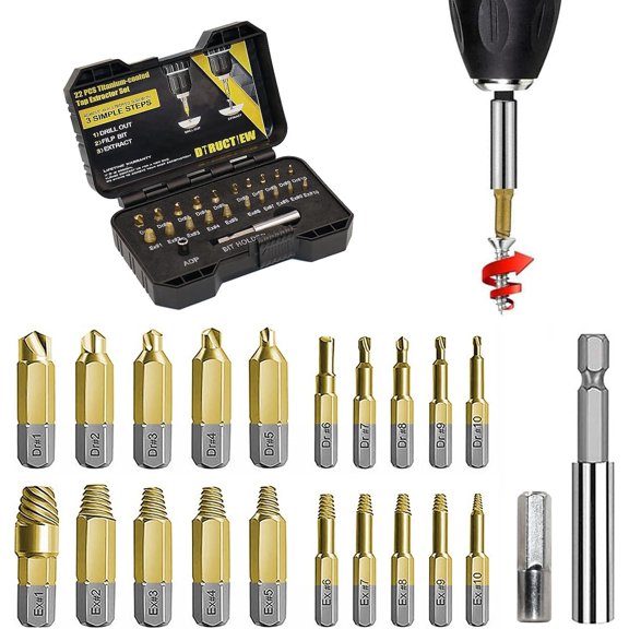 KKFEN-22PCS Titanium Damaged Screw Extractor Set, HSS 4341 Screw Extractor Kit, Easy Out Stripped Screw Extractor of Rusty & Broken with Magnetic Extension Bit Holder & Socket Adapter