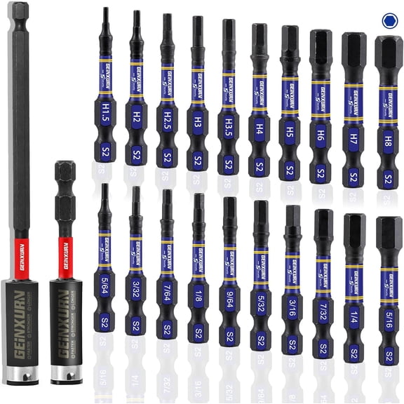 KKFEN-22Pieces 2 In. Multi Hex Head Impact Tough Magnetic Allen Wrench Drill Bits Set, Metric&SAE Power Bits Set, S2 Steel Hex Screwdriver Bit set with 3Bit Holder