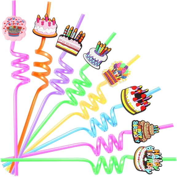 KKFEN-24 Pieces Reusable Birthday Plastic Straws for Birthday Party Supplies Birthday Party Decorations Glitter Cake Straw Drink Straw