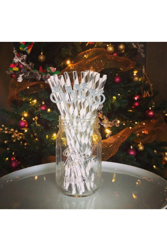-24pcs Bachelorette Party Decorations Straws, Diamond Ring Straws Set for Bridal Shower Wedding Engagement (Silver)