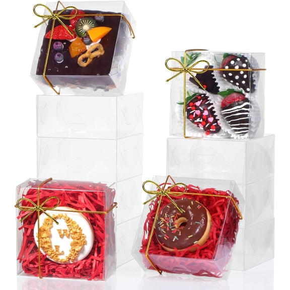 KKFEN-25PCS 5x5x2 Inches Full Clear Cookies & Cake Boxes - Strawberries, Chocolate, Cinnamon Roll & Mini Cake Boxes