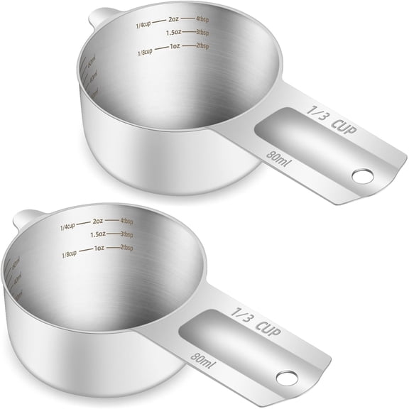 KKFEN-2PCS 1/3Cup (80ml, 2.6oz) Single Measuring Cup, Etched Inner Scale Stainless Steel Measure Scoop, Metric and US Measurement, Dishwasher Safe