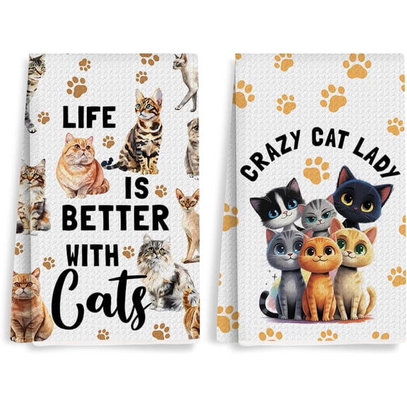 KKFEN-2PCS Cute Cat Kitchen Towels, Cat Themed Gifts Reusable Absorbent Waffle Weave Dish Tea Towels for Cleaning Cooking Baking, Cats Lovers Gifts for Women Microfiber Kitchen Towel, Housewarming Gi