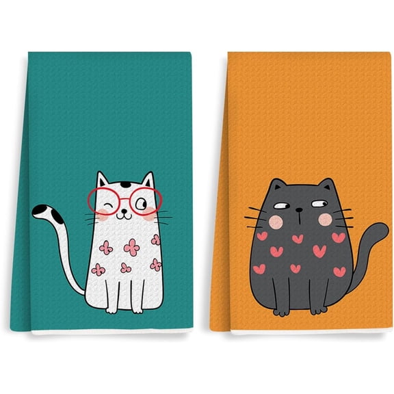 KKFEN-2PCS Cute Cat Kitchen Towels, Cat Themed Gifts Reusable Absorbent Waffle Weave Dish Tea Towels for Cleaning Cooking Baking, Cats Lovers Gifts for Women Microfiber Kitchen Towel, Housewarming Gi