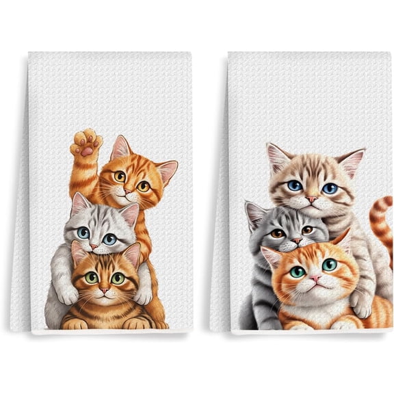 KKFEN-2PCS Cute Cat Kitchen Towels, Cat Themed Gifts Reusable Absorbent Waffle Weave Dish Tea Towels for Cleaning Cooking Baking, Cats Lovers Gifts for Women Microfiber Kitchen Towel, Housewarming Gi