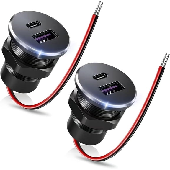 KKFEN-2PCS RV USB Outlet All-Aluminum 12V/24V 2 Charging Ports, 36W PD3.0 Type-C+18W QC3.0 Fast Charging Socket, Recessed Mount Car Charger Cigarette Lighter Replacement for Camper Van Trailer Boat