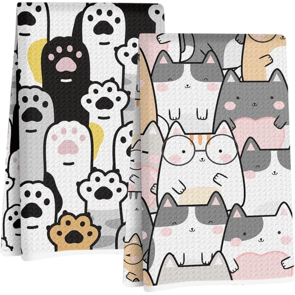KKFEN-2Pcs Cat Kitchen Towels, Cute Cats Absorbent Tea Towel Decorative Dish Hand Towels Cat Lover Gifts for Cleaning Drying Cats Owners Women Mom Housewarming Gifts 14 x 24 Inch Kitchen Home Decor-1