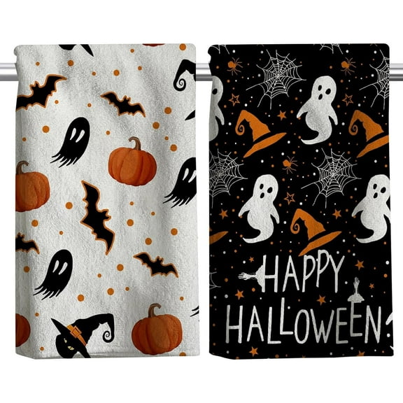 KKFEN-2Pcs Halloween Kitchen Towels, Scary Ghost Pumpkin Hand Towels Drying Cloth Towel Hand Dish Towels for Kitchen, Living Room Dining Room Table Decor 18x26 Inch