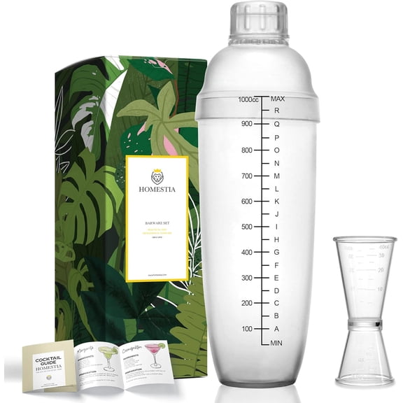 KKFEN-2Pcs Plastic Cocktail Shaker with Double Jigger Set, 33oz/1000cc Clear Plastic Bottle Boba Tea Shaker Cup with Scales, Transparent Hand Drink Mixer Cocktail Measuring Cup for Bar Tools