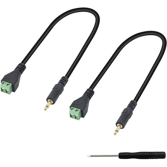 KKFEN-3.5mm Terminal Block Cable, 1/8 Inch TS Mono Solderless Screw Terminal Speaker Wire 3.5mm 2 Pole Male to 2Pin Bolt Headphone Balum Patch Cord (2 Pack-32CM)