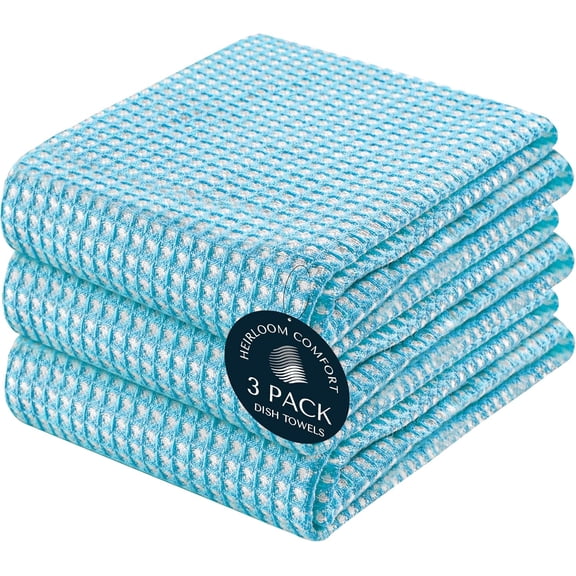 KKFEN-3 Pack Dual Tone Waffle Weave Kitchen Towels, 16x26 Inch, 100% Cotton, Super Absorbent, Fast Dry Dishcloth Set, Soft and Durable, Aqua Blue