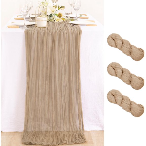 KKFEN-3 Pack Nude Cheesecloth Table Runner 10ft Boho Rustic Gauze Taupe Cheese Cloth Table Runner Neutral Decor 35x120 Inches for Wedding Reception Outdoor Party Decor