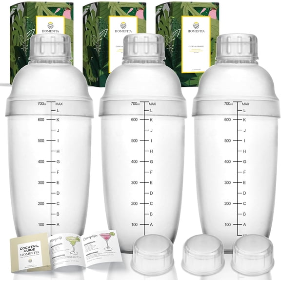 KKFEN-3 Pack Plastic Cocktail Shaker with Extra 3 Caps, 700cc / 24 oz Clear Boba Tea Cup Matcha for Milk Wine Coffee Mixing, Bar Tool Hand Drink Mixer w/Scales and Strainer Top Clear Shaker Cup