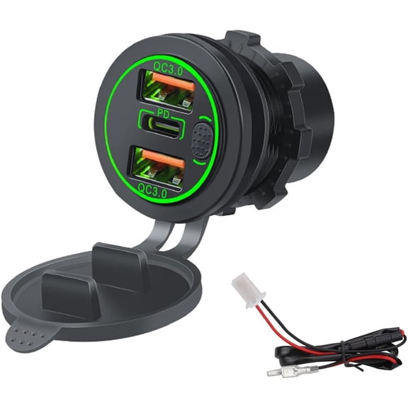 KKFEN-3 Ports 18W USB Car Charger with Switch, 12-24V Dual QC 3.0 USB & PD USB C Cigarette Lighter Socket Outlet, Dashboard Mount Quick Charge Charger for Car Truck Marine Boat, Green Light