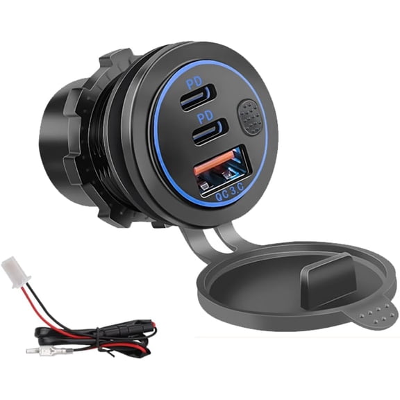 KKFEN-3 Ports 18W USB Car Charger with Switch, 12-24V QC 3.0 USB & Dual PD USB C Cigarette Lighter Socket Outlet, Dashboard Mount Quick Charge Charger for Car Motorcycle Truck Marine Boat (Blue)