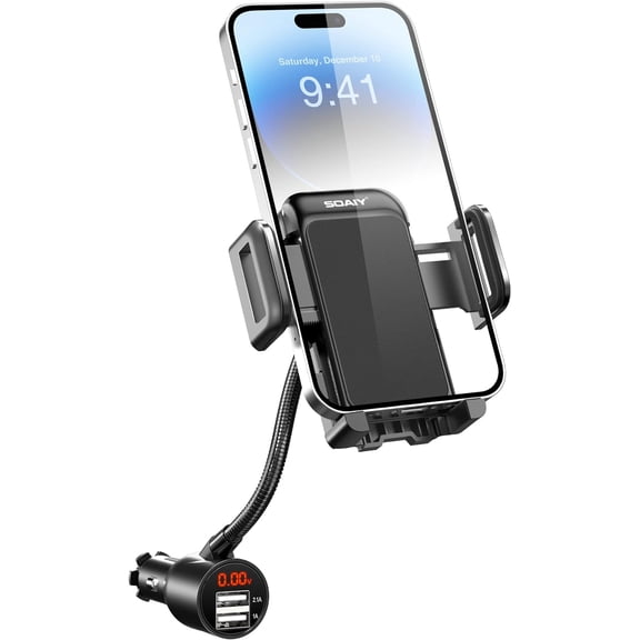 KKFEN-3-in-1 Cigarette Lighter Car Mount + Voltage Detector (Not for Center Console & Window), Dual USB 3.1A Charger with Adjust Gooseneck & 360 Rotating Car Mount Cradle for 1.7-3.7inch Width Phone