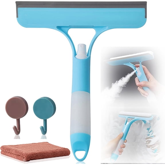 KKFEN-3 in 1 Window Squeegee, Cleaning Scraper with Scrubber Sponge Sprayer Clean Kit for Glass, Tile Walls, Shower Door, Car, Bathroom Cleaner(Blue)