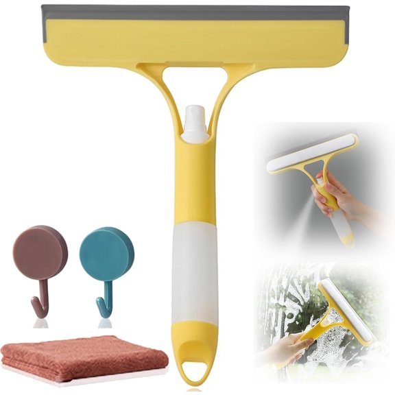 KKFEN-3 in 1 Window Squeegee, Cleaning Scraper with Scrubber Sponge Sprayer Clean Kit for Glass, Tile Walls, Shower Door, Car, Bathroom (Yellow)