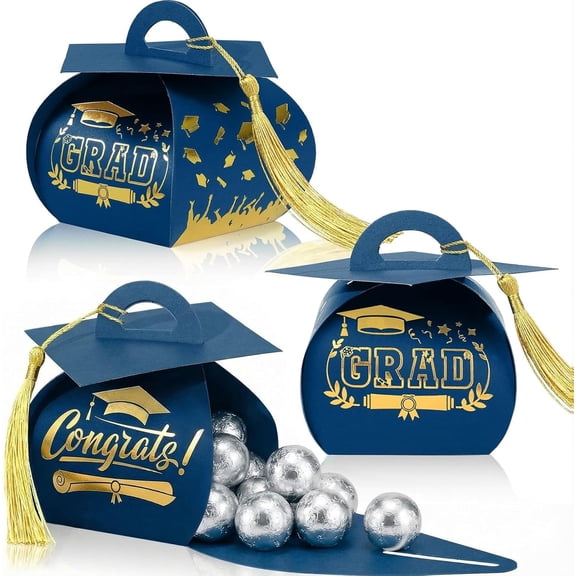 KKFEN-30 Pcs Graduation Cap Gift Box Graduation Party Favors Candy Boxes Treat Box with Tassel Table Centerpieces Class of 2026 Grad Decorations(Blue, Gold)