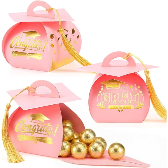 KKFEN-30 Pcs Graduation Cap Gift Box Graduation Party Favors Candy Boxes Treat Box with Tassel Table Centerpieces Class of 2026 Grad Decorations(Pink, Gold)
