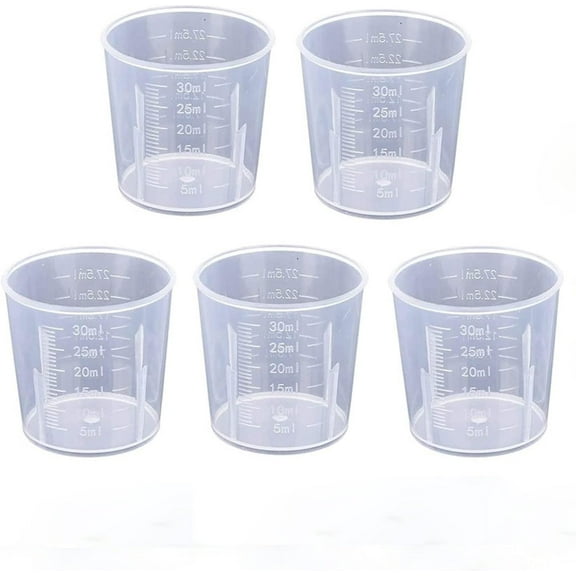 KKFEN-30ml Plastic Liquid Measuring Cups - Mini Clear Kitchen Medicine Cups Transparent Labs Graduated Beakers Baking Cooking Home Lab Measure Tool (5 Packs,1oz,Transparent)