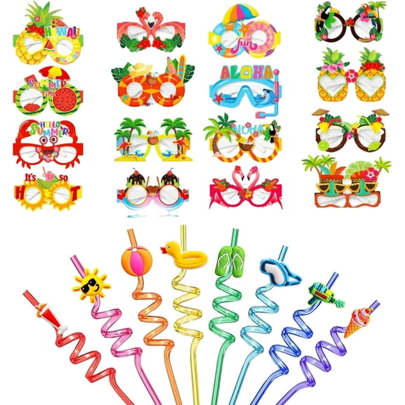 KKFEN-32-Pack Summer Straws & Luau Sunglasses Set | Reusable & Paper Hawaiian Party Supplies | Beach Pool Party Decor for Birthday BBQ