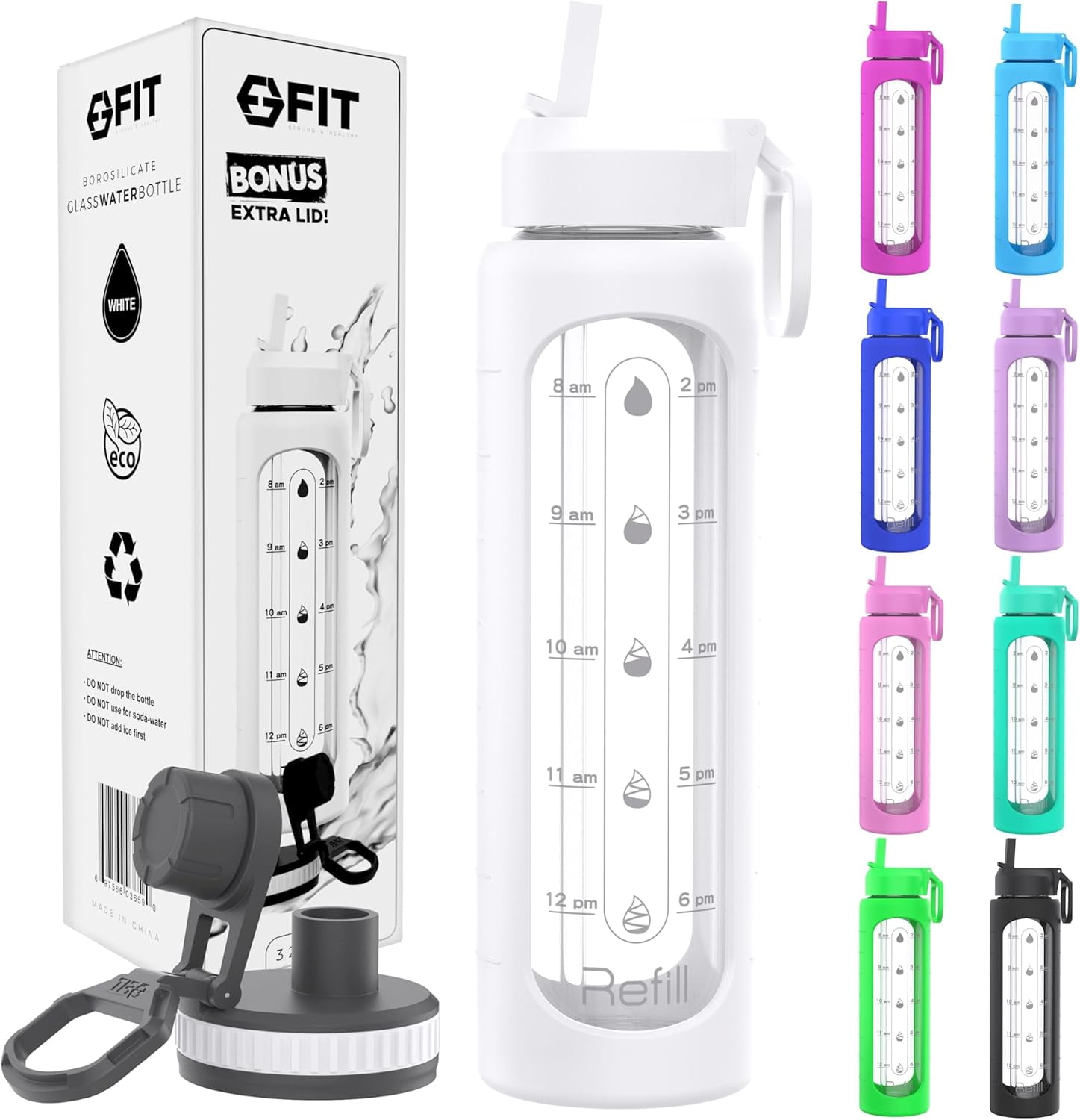 KKFEN-32 oz Glass Water Bottle with Straw Lid - Wide Mouth Borosilicate ...