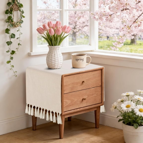 KKFEN-36 Inches Boho Nightstand Dresser Cover Top for Bedroom, Short Cream Small Farmhouse Coffee Table Runner , Rustic Table Cover for Bedside Table, End Table, Nightstands, TV, Spring Table Decor