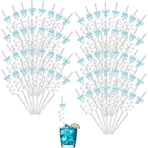 KKFEN-36 Pcs Blue Bow Reusable Glitter Straw Set Pretty Bachelorette Decorations Bow Theme Birthday Party Bridal Engagement Drinkware Supplies Tea Decor