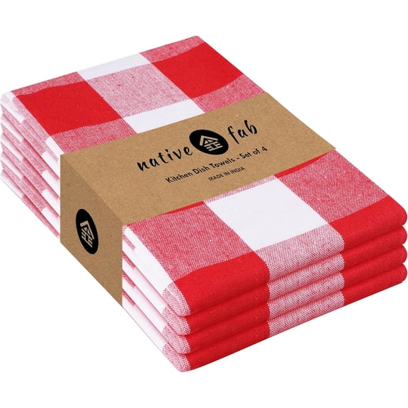 KKFEN-4-Pack Kitchen Towel with Hanging Loop 16x26 inches, Cotton Buffalo Check Kitchen Towels for Cleaning Drying, Washcloths Soft & Absorbent Cloth Rags, Bar Towel, Dish Cloth, Red