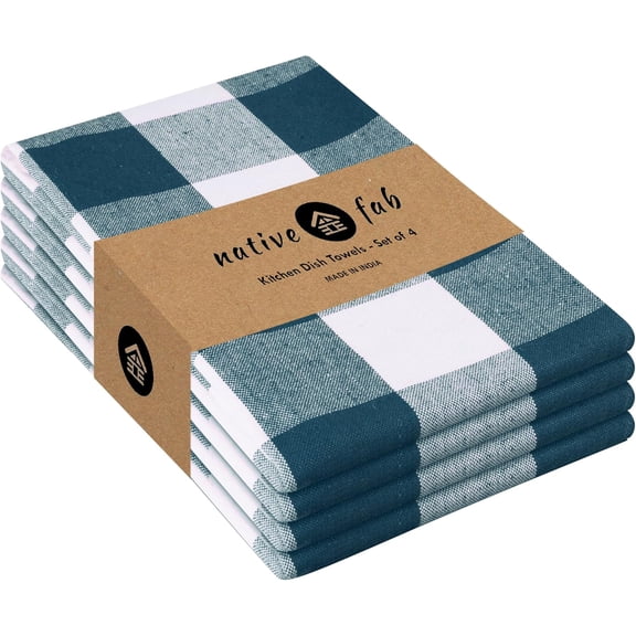 KKFEN-4-Pack Kitchen Towel with Hanging Loop 16x26 inches, Cotton Buffalo Check Kitchen Towels for Cleaning Drying, Washcloths Soft & Absorbent Cloth Rags, Bar Towel, Dish Cloth, Teal Green