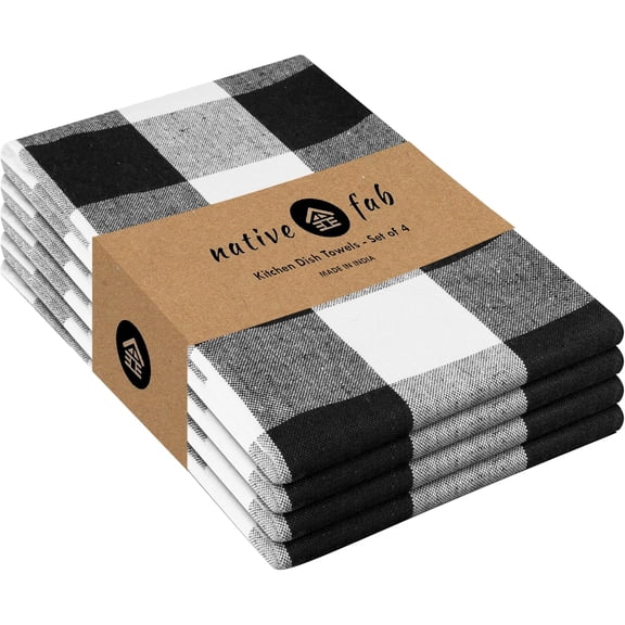 KKFEN-4-Pack Kitchen Towel with Hanging Loop 16x26 inches, Cotton Buffalo Check Kitchen Towels for Cleaning Drying, Washcloths Soft & Absorbent Cloth Rags, Bar Towel, Dish Cloth, Black