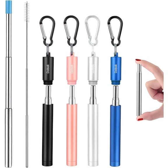 KKFEN-4 Pack Reusable Metal Straws Collapsible Stainless Steel Drinking Straw Travel Portable Telescopic Straw with Case for Cruise Ship Essentials Black-Silver-Rose Gold-Blue