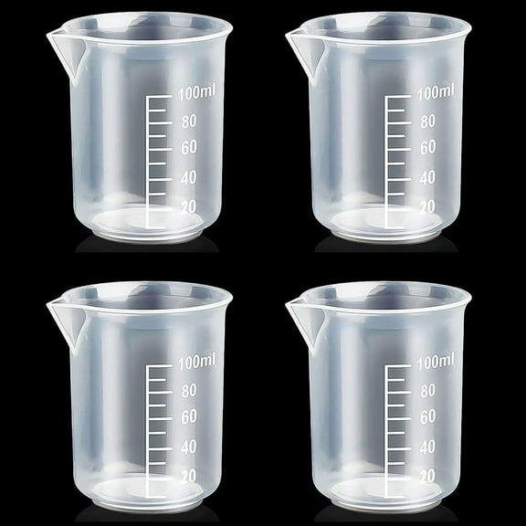 KKFEN-4 Pcs 100ml/3.4oz Plastic Measuring Cups for Liquids, Clear Small Plastic Measuring Cup,100ml Lab Graduated Beaker, Multipurpose Reusable Mixing Cups for Kitchen Cooking Medicine Measure Tool