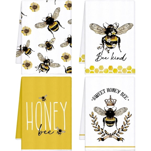 KKFEN-4 Pcs Bee Kitchen Tea Towel Honey Bee Dish Towels Honeycomb Bath Washcloth Hand Polyester Absorbent Cloths Accessories for Kitchen Decor, 16 x 24 Inch(Yellow, White,Honey)
