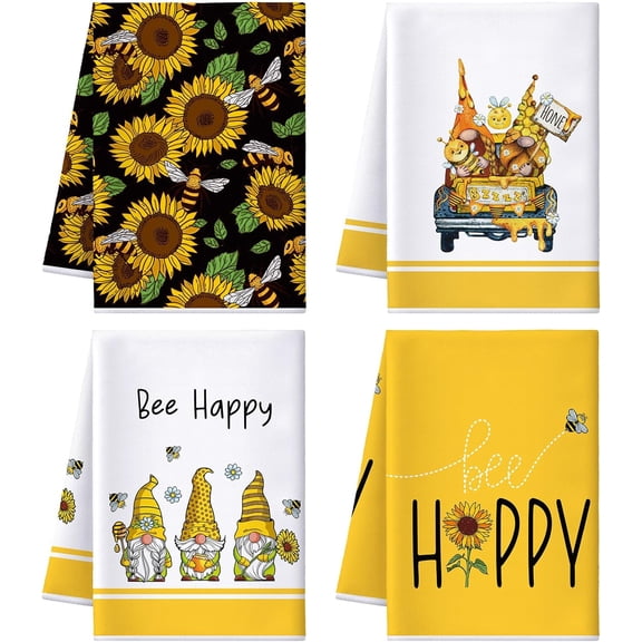 KKFEN-4 Pcs Bee Kitchen Tea Towel Honey Bee Dish Towels Honeycomb Bath Washcloth Hand Polyester Absorbent Cloths Accessories for Kitchen Decor, 16 x 24 Inch(Brown Yellow,Truck)