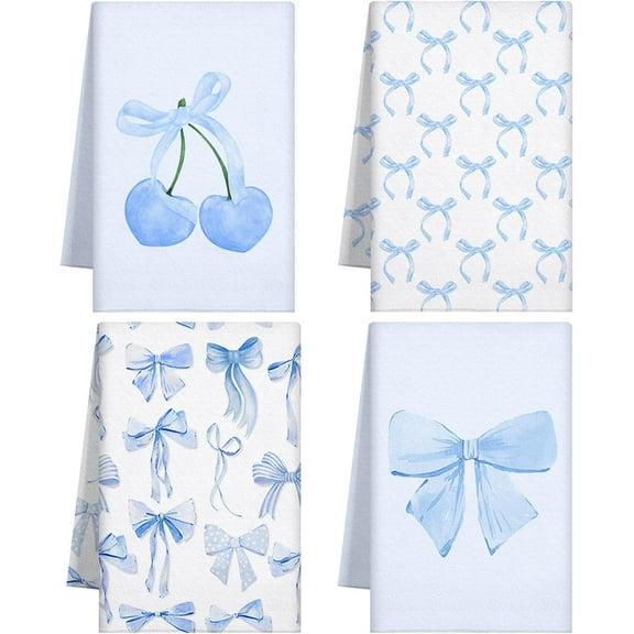 KKFEN-4 Pcs Bow Coquette Kitchen Towels Trendy Cute Hand Towels Coquette Bow Gifts Preppy Microfiber Kitchen Supplies for Hostess Housewarming, 18 x 26 in (Blue)