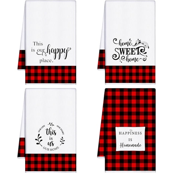 KKFEN-4 Pcs Buffalo Plaid Kitchen Towels Farmhouse Hand Tea Towels Absorbent Quick Dry Buffalo Check Kitchen Dish Cloths Cleaning Cloth for Summer Home Supplies Gifts(Black and Red,Plaid Style)