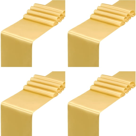 KKFEN-4 Pcs Gold Satin Table Runner 12 x 108 inches Long, Bright Smooth Satin Wedding Table Runner Decorations for Birthday Parties, Buffet, Banquets, Graduations, Engagements