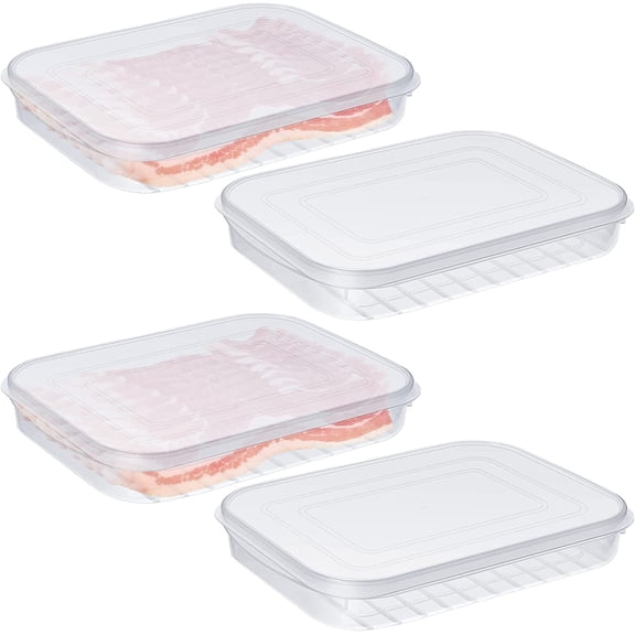 KKFEN-4 Pieces Bacon Keeper Plastic Deli Meat Saver with Lids Airtight Cold Cuts Cheese Container for Fridge Food Refrigerator Storage Box Shallow Low Cookie Holder, 9.65 x 7.28 x 1.38''