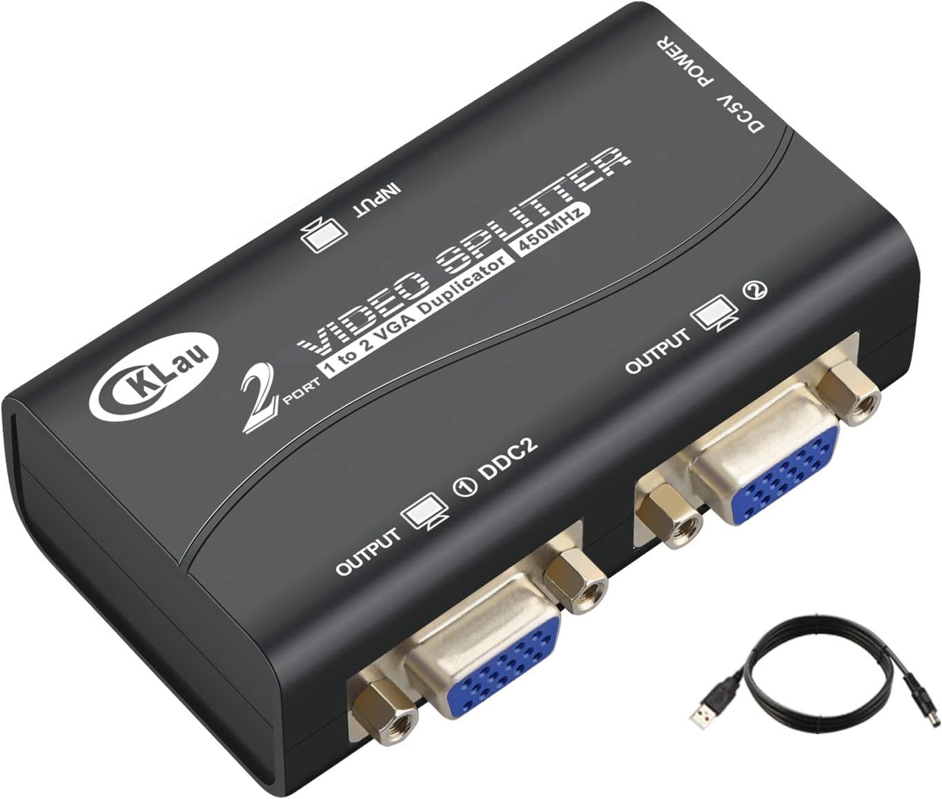 KKFEN-450MHz Bandwidth 2 Port VGA Splitter Amplifier Box 1 PC to 2 ...