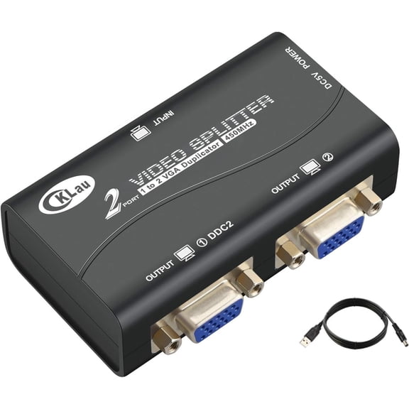 KKFEN-450MHz Bandwidth 2 Port VGA Splitter Amplifier Box 1 PC to 2 Monitors SVGA Video Splitter Support 2048 x 1536 Resolution up to 164ft for Screen Duplication