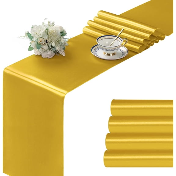 KKFEN-4Pcs Satin Gold Runner - 12 x 72 Inch Long Size, Party Table Runner Decor Bright & Smooth Wedding Decorations Table Runners for Banquet Chef Birthday Buffet Dinner Graduations