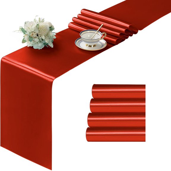 KKFEN-4Pcs Satin Rust Table Runner - 12 x 108 Inch Long Size, Party Table Runner Decor Bright & Smooth Wedding Decorations Table Runners for Banquet Chef Birthday Buffet Dinner Graduations