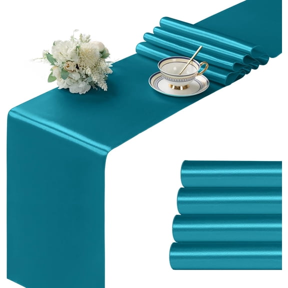 KKFEN-4Pcs Satin Teal Blue Table Runner - 12 x 108 Inch Long Size, Party Table Runner Decor Bright & Smooth Wedding Decorations Table Runners for Banquet Chef Birthday Buffet Dinner Graduations