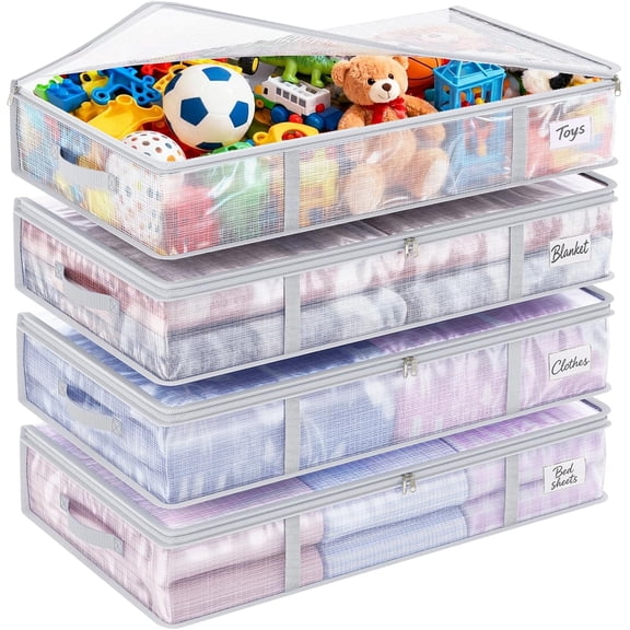KKFEN-4pcs 90L Under Bed Storage Containers Bins Clear Closet Underbed Organizers and Storage for Blanket, Clothing, Sweaters, Pillows, Linen Sheets with Sturdy Handle and Zippers