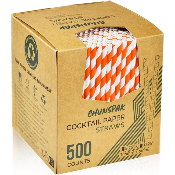 KKFEN-5.75 inch Orange Paper Cocktail Straws, Short Disposable Drinking Straws 500 Counts, Unwrapped - Compostable