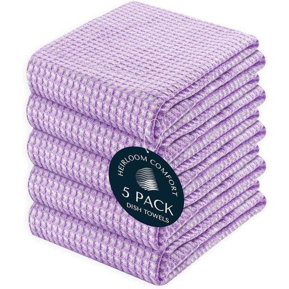 KKFEN-5 Pack Dual Tone Waffle Weave Kitchen Towels, 16x26 Inch, 100% Cotton, Reversible, Super Absorbent, Quick Dry, Durable Dishcloth Set, Soft Hand Towels for Cleaning, Lavender