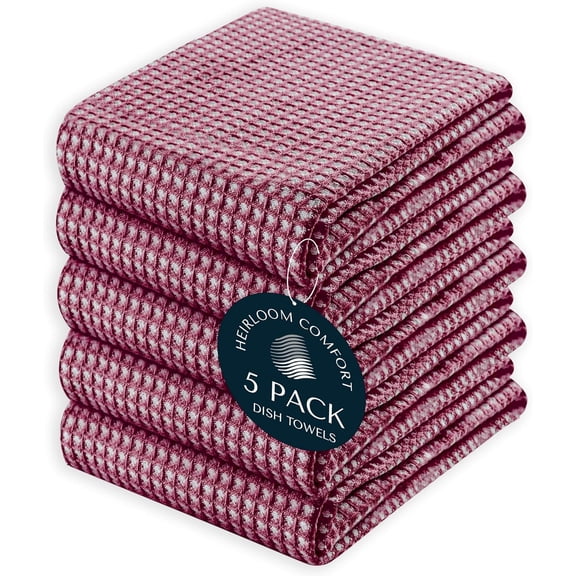 KKFEN-5 Pack Dual Tone Waffle Weave Kitchen Towels with Hanging Loop, 16x26 Inch, 100% Cotton, Super Absorbent, Quick Dry, Reversible Dishcloth Set, Soft and Durable, Burgundy